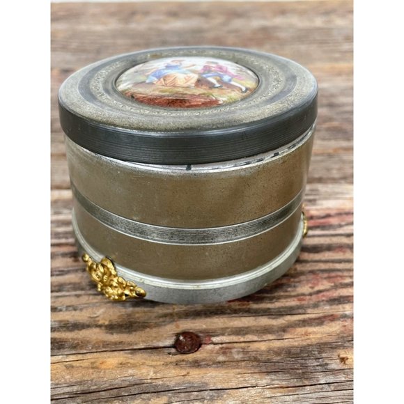 Antique 1920s Tin Metal Music Box Powder Puff Porcelain Courting Couple top - Picture 1 of 16